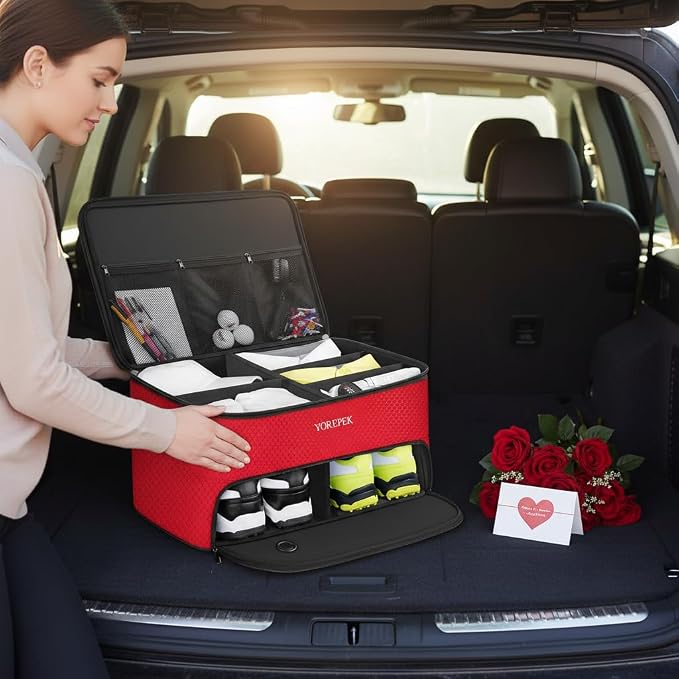 YOREPEK Golf Gifts for Men, 2 Layer Golf Trunk Organizer for 2 Pair Shoes | Waterproof Car Trunk Locker with Separate Ventilated Compartment for Balls, Tees, Clothes, Gloves, Birthday Gifts for Golfers - Image 2