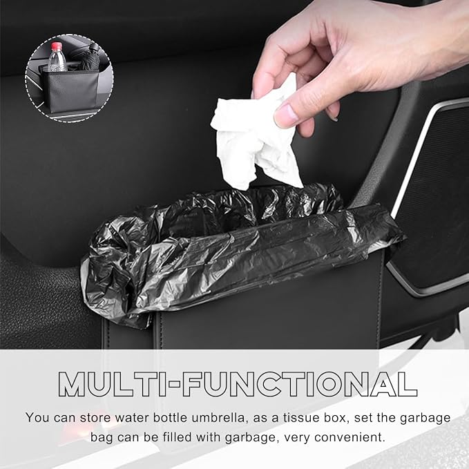 Yourkar Car Trash Can, Foldable Waterproof Leather Car Garbage Organizer Holder, Automotive Mini Dustbin Container with One Roll Trash Bag, Universal Interior Car Accessories (Beige) - Image 4