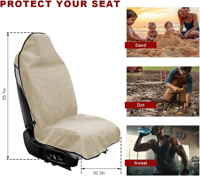Car Towel Seat Cover, Waterproof Non-Slip Front Seat Protector for Post Gym Workout Beach Hiking, Sweatproof Washable Bucket Seat Protective Cover for Car SUV Truck Sedan (Beige) - Image 2