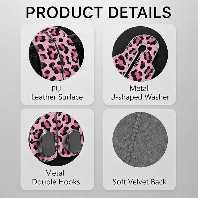 Cute Pink Leopard Car Seat Back Storage Headrest Hooks for Purses & Bags – 2PCS PU Leather Dual Metal Hooks, Backseat Organizer Accessories - Image 3