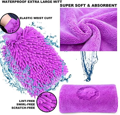 22Pcs Car Wash Cleaning Tools Kit Car Detailing Set with Canvas Bag Purple Collapsible Bucket Wash Mitt Sponge Towels Tire Brush Window Scraper Duster Complete Interior Car Care Kit - Image 3