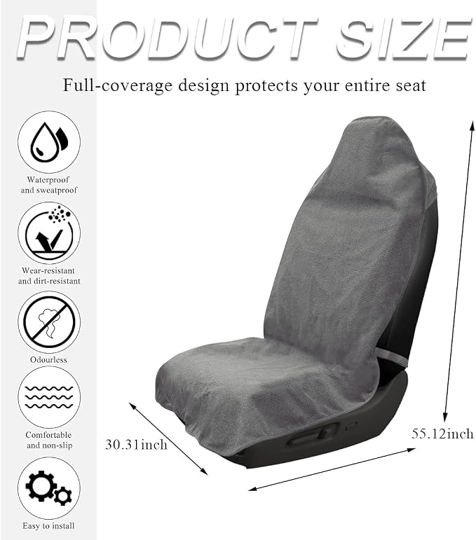 DXNQ Waterproof Car Towel Seat Cover, Sweating Non-Slip Premium Towel Carseat Cover Protector, Universal Soft Machine Washable Car Truck SUV Front Seat Cover for Gym Workout Beach Hiking (Gray) - Image 2