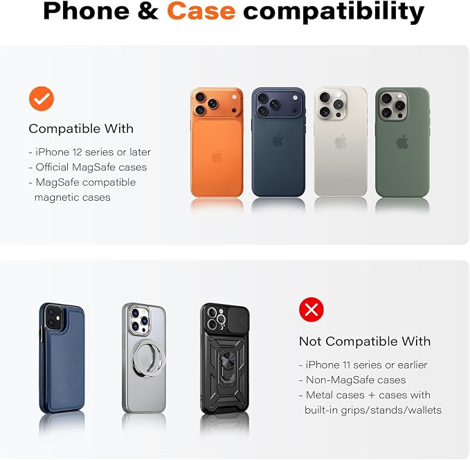 APPS2Car Magnetic Car Phone Mount - Designed Only for MagSafe iPhone 17-12 Series, Orange/Black Data Cable (Random) - Image 5