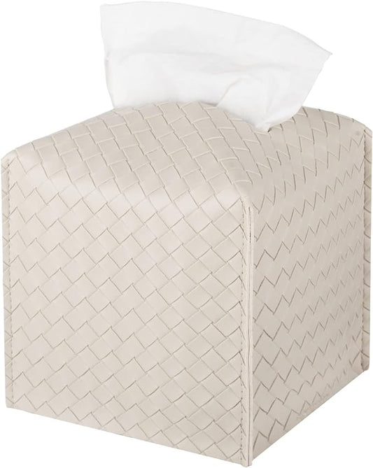 Tissue Box Cover PU Leather Tissue Holder Square Facial Tissue Case Facial Paper Organizer Dispenser for Bathroom, Vanity Countertop, Tabletop, Car, Griege | PU Leather, Easy to Fill, Easy Clean, Decorative Tissue Box Holder for Office, Bathroom, Kitch... by zoocatia