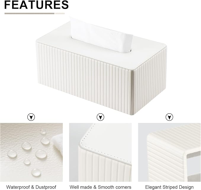 KINGFOM PU Leather Tissue Box Cover Rectangular Tissue Box Holder with Magnetic Bottom, Napkin & Facial Tissue Holder Dispenser for Home, Office for Standard 120-count/160-count (2-Ply) White Stripe - Image 4