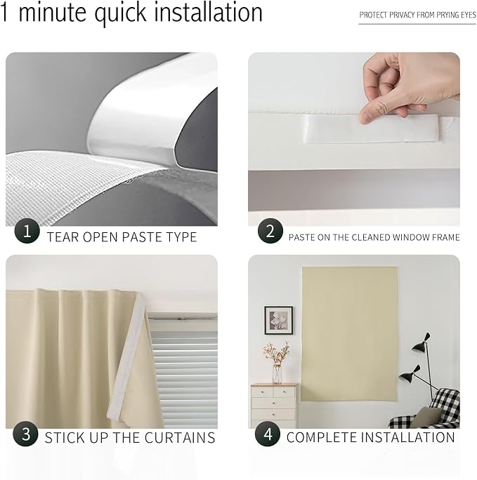 Self Adhesive Portable Blackout Curtains for Bedroom Easy to Install Window Thermal Lnsulated Kitchen Room Darkening Small Window Curtains, 47" W X 96" L, Beige, 2 Panels - Image 3