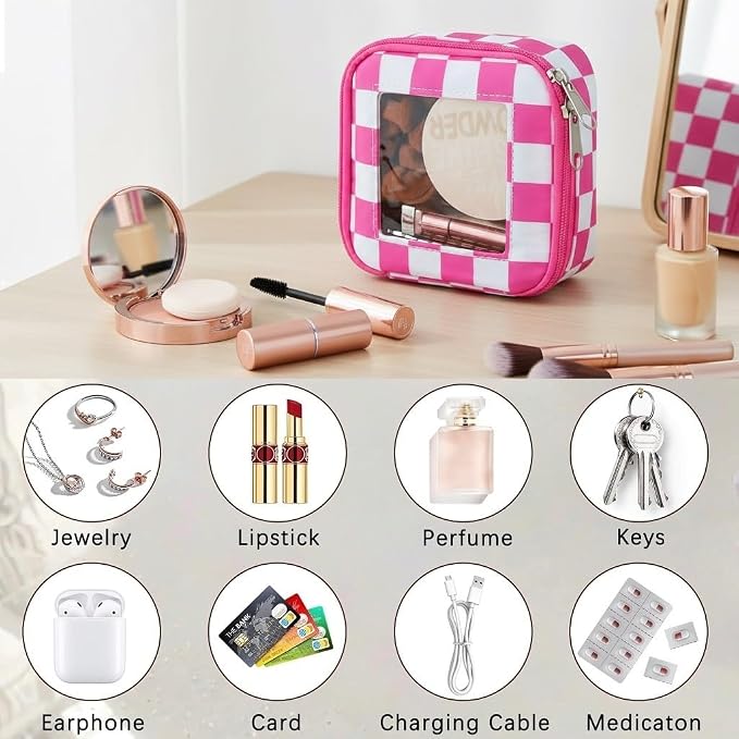 DOB SECHS Mini Checkered Bag for Purse 5.1'' x 5.1'' Small Makeup Bag for Car Cute Clear Cosmetic Bags with Zipper, Tiny Toiletry Bag Lipstick Organizer Pouch Travel Essentials Storage Pouch, Hot Pink - Image 6