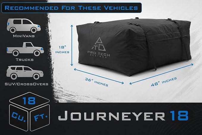 Journeyer 18 Waterproof Rooftop Cargo Carrier Bag, 18 Cubic Feet Vehicle Roof Storage with Straps & Door Hooks, Heavy Duty Car Top Carrier for SUVs, Vans, RVs & Trucks, 48" x 36" x 18" - Image 3