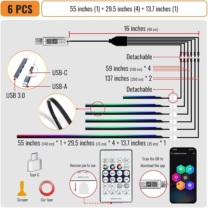 Acrylic Ambient Lighting Car Interior, 6 in 1 Dream Color Acrylic Led Strips Fiber Optic Lights with APP USB Hub, 16 Million Colors 187 Inches Flexible Neon Music Sync Emotion Glow Light for Car Dash - Image 2