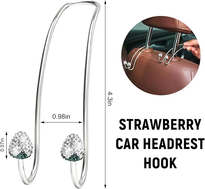 2 PCS Car Headrest Hooks Decorations, Bling Strawberry-Shaped Auto Backseat Hangers, Stainless Steel Purse Hook Diamond Seat Back Storage Holder for Most Cars Trucks SUVs (White) - Image 2