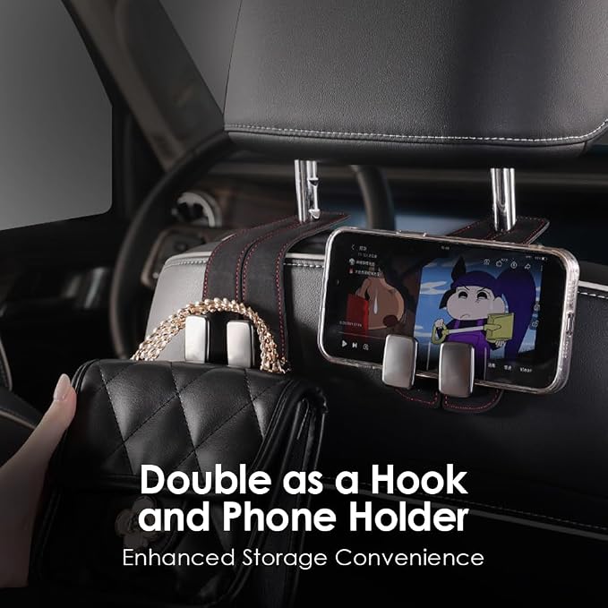 KINIVA Car Seat Headrest Storage Hooks, Set of 2, Suede PU Leather, Double Hooks (Black) - Image 3