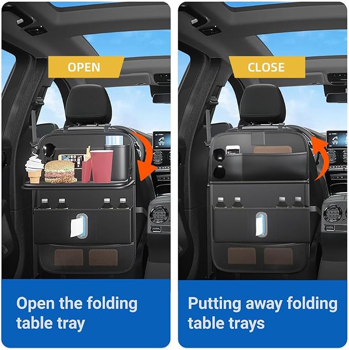 1 Pack Backseat Car Organizer, Large Capacity with Adjustable Foldable Table Tray, Waterproof PU Leather Back Seat Storage with Touch Screen Tablet Holder, Car Travel Essentials, Obsidian Black - Image 2
