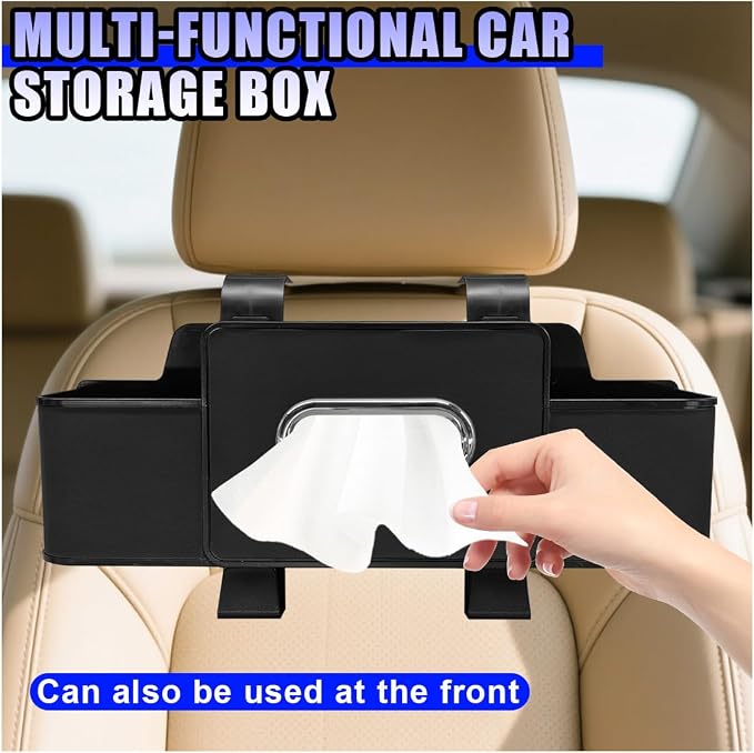 YoRise Multifunctional Car Back Seat Organizer, Leather Automotive Headrest Phone & Tissue & Cup Holder with Hooks, Family Travel Vehicle Backseat Storage Box for Drink, Snack, Handbag (Black) - Image 6