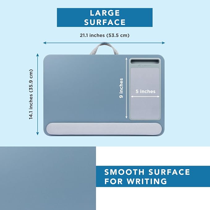 LAPGEAR Home Office Pro Lap Desk - Slate Blue, Fits 15.6” Laptops | Built-In Mouse Pad & Phone Slot, Wide Cushioned Wrist Rest, Dual-Bolster Microbead Cushion, Carry Handle - Image 5