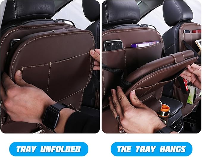 Leather Seat Back Organizer with Foldable Table Tray, Beige | kick-mat function, rear-seat protective surface, multifunctional use, fits most cars SUVs and trucks, interior item - Image 5