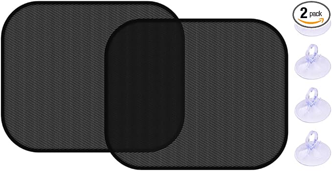 2 Pack 14.17 x 17.32 Inch Car Window Sunshades, Rear Side | mesh fabric, metal support frame, suction-cup mounting, twist-fold storage, UV and heat blocking by Unknown