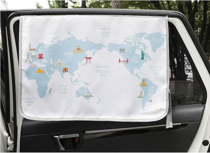 Magnetic Car Sun Shade Curtain for Side Window – Sun Blocker and UV Protector for Baby, Kids, and Pets – Universal Fit with Built-in Magnets for Steel-Framed Door (Be-Travel Map) - Image 2