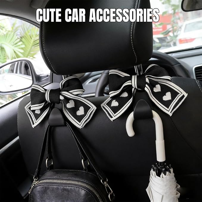 2PCS Car Seat Headrest Hooks, Car Purse Hook, Cute Bow Knot Vehicle Seatback Hanging Storage Organizer, Auto Seatback Decor Organizer Hanger for SUV Truck (Black/White) - Image 3