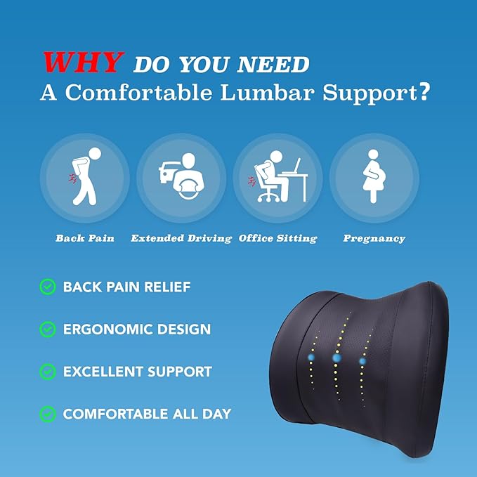 Lofty Aim Lumbar Support Pillow for Car, Car Seat Back Support for Driving | Memory Foam Car Lumbar Support for Driving Seat, Car Back Cushion, Adjustable Straps, Lower Back Pillow, PU Leather, Black - Image 3
