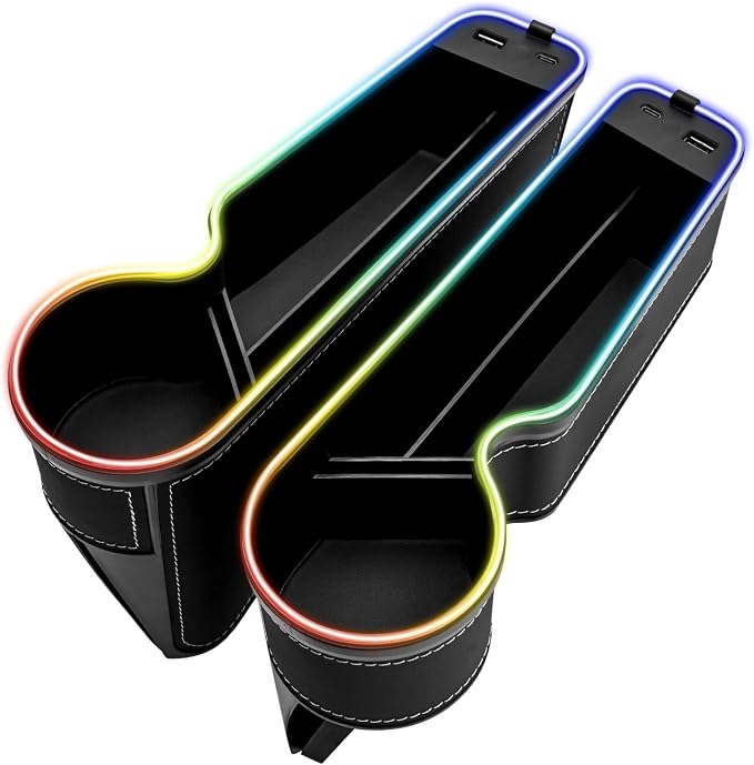 7 Color Led Car Seat Gap Organizer with Type C USB Charging 2 Pack | 56W Cigarette Lighter Adapter,Center Console Seat Gap Filler with Cup Holder,Front Seat Organizer Atmosphere Lamp (Black) by keketuohai