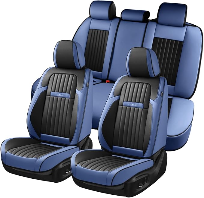 Coverado Car Seat Covers Full Set, Car Seat Protector Car Seat Cushion, Nappa Leather Seat Covers for Cars, Front and Back Seat Protectors Cushions Universal Fit for Most Cars Vehicles(Pink&Grey) by COVERADOAUTO
