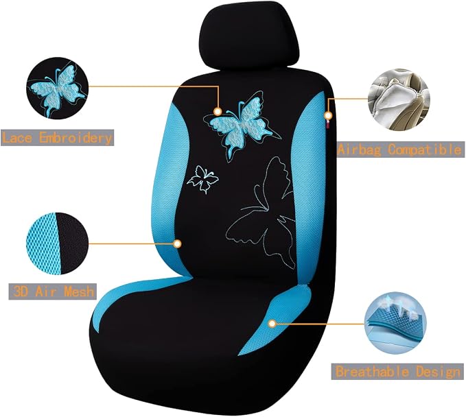 Flying Banner Butterfly car seat Covers ful Set Fashion Universal Lady Woman Female Rear Bench Split Colorized (Mint Blue, 2 Fronts - Lace) - Image 2
