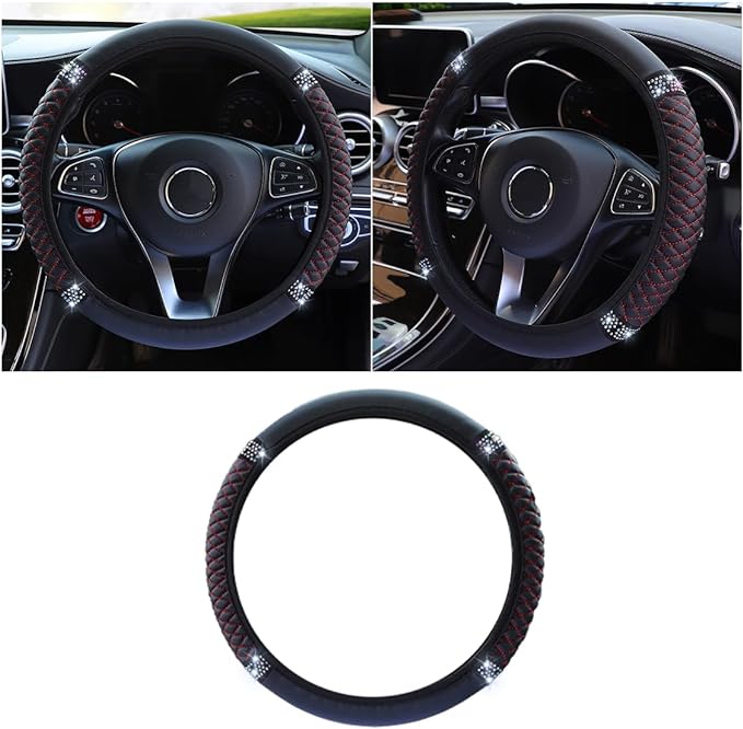 JOYCOURT 15 Inch Bling Soft Leather Car Steering Wheel Cover, Black Red | Colorful Rhinestones Design, Auto Elastic Protector for Women Girls, Crystal Diamond Car Accessories for Most Cars, SUVs by JOYCOURT