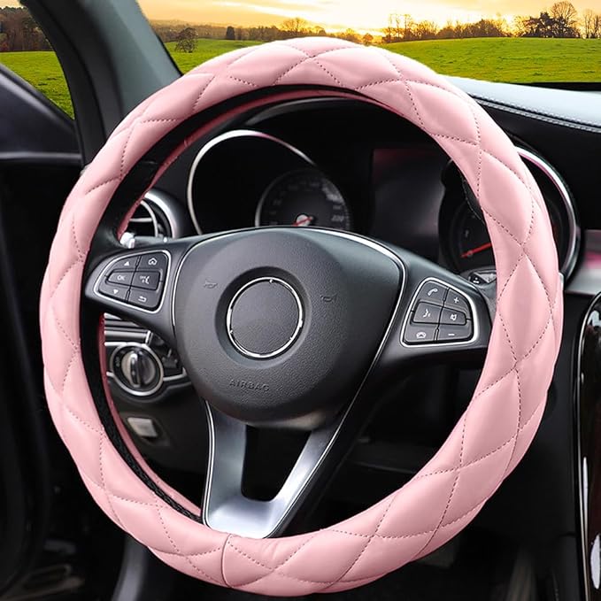 YHONGJT Soft Microfiber Leather Steering Wheel Cover, Universal 15 Inch for Women Girls, Fit Vehicles, Sedans, SUVs, Vans, Trucks - Light Pink by Unknown