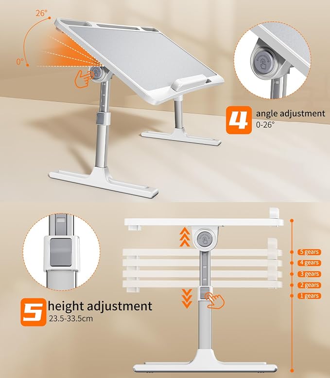 Laptop Desk for Bed,Adjustable Height Lap Desks Bed Tray,Portable Folding Couch Table with Bookstand,Car Rear Seat Sofa Floor Laptop Tray Stand for Adults Kids Eating Breakfast,Writing,Reading - Image 3