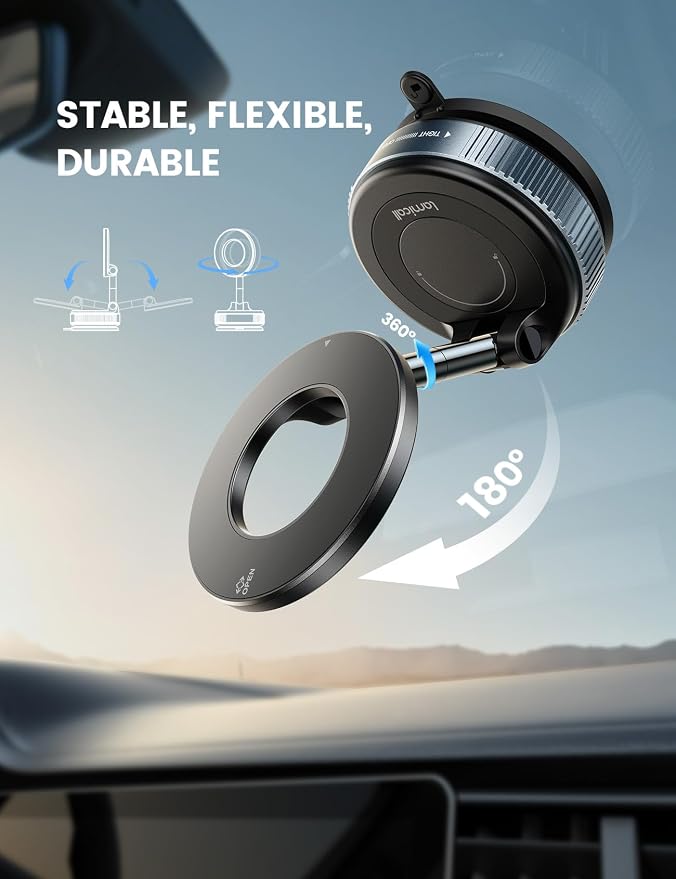Lamicall for MagSafe Car Mount 70LBS Vacuum Suction Dashboard & Windshield | 20X Magnet Car Phone Holder 360° Foldable Magnetic Phone Holders for Your Car fit iPhone 17 16 15 14 Pro Max Gift Truck Black - Image 4
