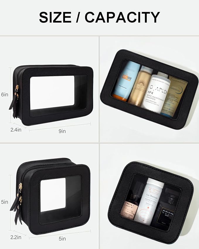 2 Pcs Travel Clear Makeup Bag Set, Clear Black Makeup Organizer with Zipper Leather Travel Bags for Toiletries Small Cosmetic Bags for Women Mini Make up Pouch Toiletry Bags Car Essentials - Image 4