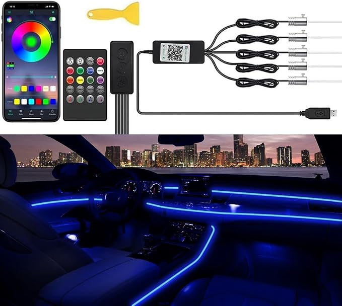 Car LED Interior Strip Lights, TEKSHINNY RGB Car Interior LED Light Wireless APP Button Remote Control, 5 in 1 Fiber Optic Ambient Lighting Kit with 236 Inches, EL Wire Lights for Car Inside by TEKSHINNY