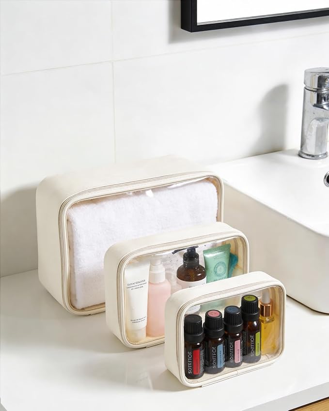 Travel Clear Makeup Bag Set for Women, 3 Pack Travel Size Toiletry Bag with Zipper Small Makeup Pouch for Purse Waterproof Portable Cosmetic Case Compact Car Organizer Storage Bag (Beige Set) - Image 8