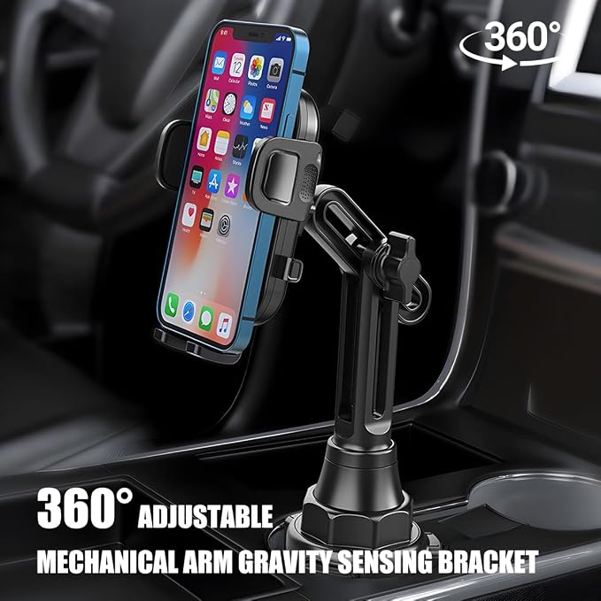 Car Cup Phone Holder, 360° Rotation with Long & Adjustable Neck | Secure side grips, stylish carbon fiber texture, auto interior smartphone expander mount accessories, universal fit - Image 3