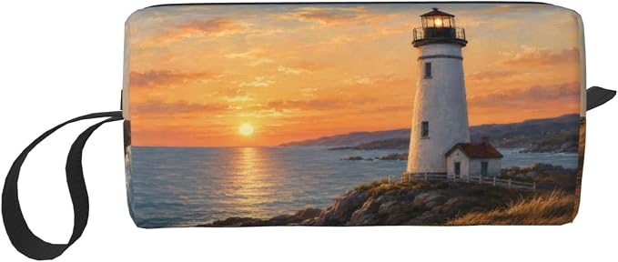 Lighthouse at Golden Sunset Makeup Bag for Women, Cosmetic Pouch | Double-Sided Sunset Lighthouse Cosmetic Organizer with Foam Padding for Women, Travel, Gym, School, and Daily Storage by OLUSENMO