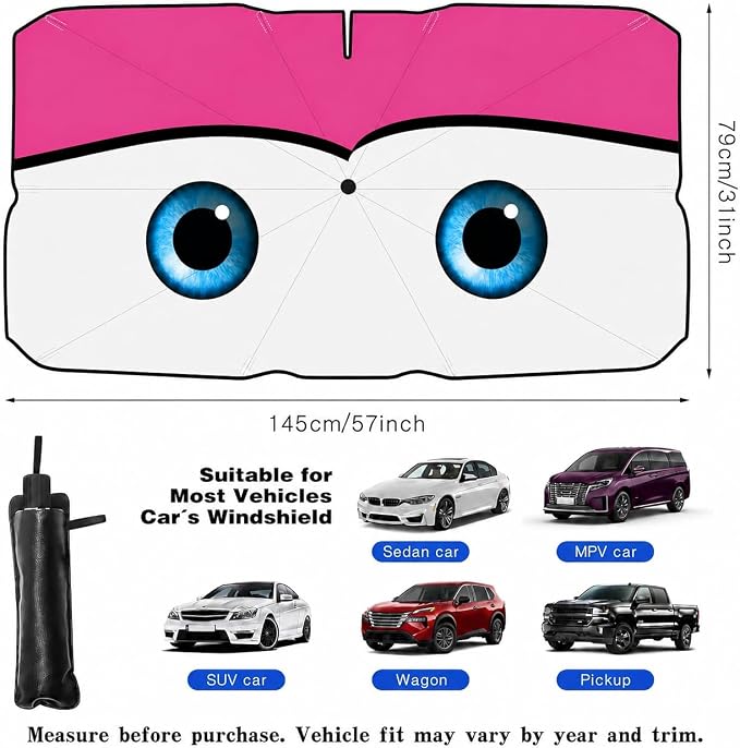 Car Windshield Sun Shade Umbrella, Universal Fit Mid-Large Sedan & SUV | 57 x 31" Car Sun Visor, Foldable UV Heat Blocking Front Window Sunshade, Cute Eyes Series - Image 5