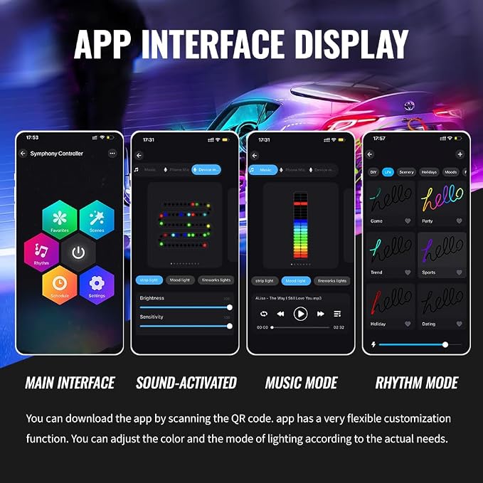 Acrylic Ambient Lighting Car Interior, 10 in 1 Dream Color Acrylic Led Strips Fiber Optic Lights Kit with APP USB Hub,Flexible Dynamic Neon Music Sync Emotion Glow Footwell Lighting for Car - Image 4