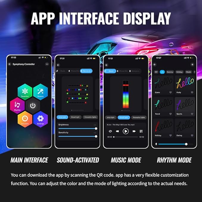 Acrylic Ambient Lighting Car Interior Kit, 4 in 1 Dream Color Acrylic Led Strips Fiber Optic Lights with APP, 116 inches USB Flexible Neon Music Sync 16 Million Colors Dashboard Center Console Lights - Image 4