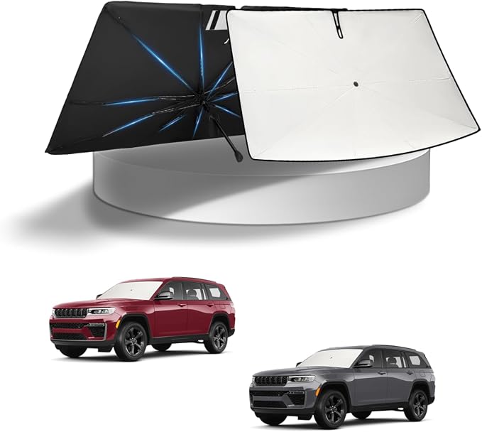 KUST Windshield Sun Shade Umbrella for 【2022-2026 Jeep Grand Cherokee】 | Beige and Black | Foldable Sunshade with Bendable Handle | Blocks Heat & UV Scratch Resistant Keep Car Cool Sunshield by KUST
