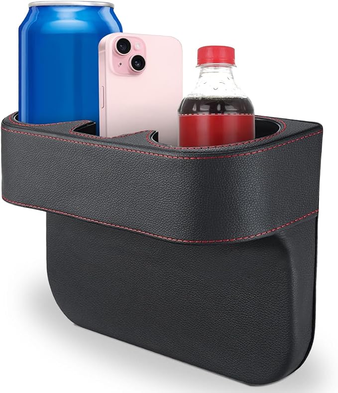 KITUREK Car Cup Holder, PU Leather Cover Auto Front Seat Organizer, Black | Multifunctional Cup Drink Holder, Gap Filler Coin Bucket Storage Box, Console Side Pocket, Cell Mobile Phone Holder by KITUREK