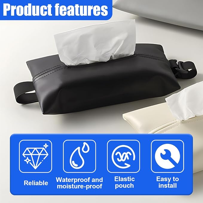YoRise Car Tissue Holder, PU Leather Car Napkin Holder with Adjustable Strap, Center Console Tissues Box Cover, Sun Visor Organizer Keep Auto Tidy, Vehicle Headrest Storage Accessories (Black) - Image 5