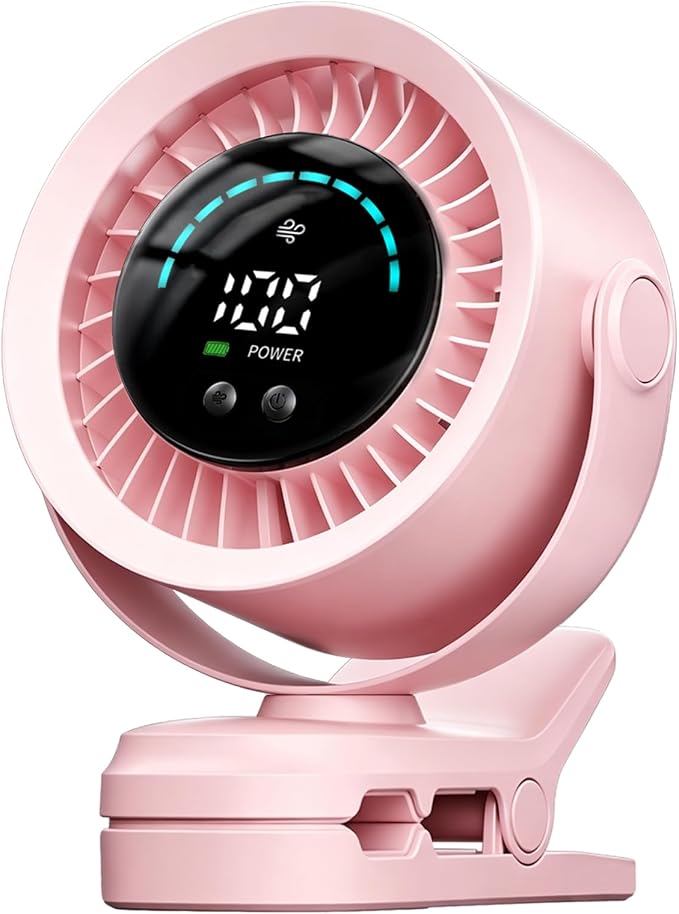 Portable Clip on Fan, Rechargeable USB Desk Fan with Turbo Airflow, 100 Speeds LED Display, 360° Rotation, Small Quiet Battery Powered Fan for Stroller Outdoor Travel Camping Golf Cart, Pink by DULUDULU