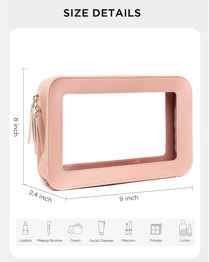 Clear Makeup Bags, TSA Approved Toiletry Bag with Zipper, Makeup Organizer for Carry-on Travel Essentials, Car Accessories Organizers Storage for Women Men (Clear-Pink) - Image 2