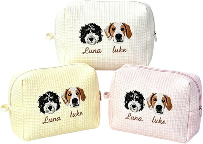 Personalized Pet Photo Embroidered Cosmetic Bag Custom Dog Cat Portrait Makeup Pouch for Women Cute Gift for Pet Lovers Mother's Day Birthday Compact Travel Toiletry Organizer with Zipper by CRAFFBASE