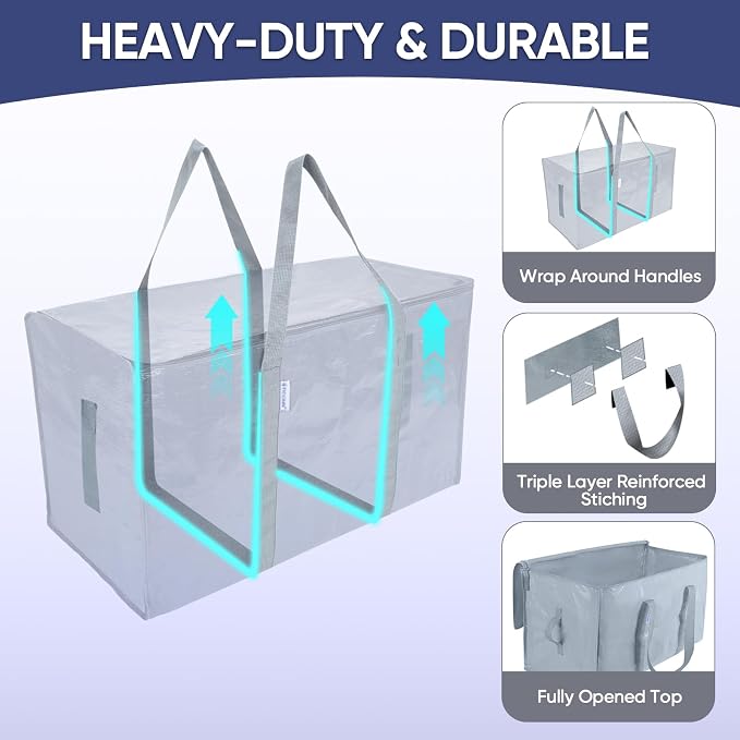 TICONN 8 Pack Extra Large Moving Bags Heavy Duty with Zippers & Carrying Handles, Durable Storage Bags Moving Boxes for Closet Organizers and Storage (8 Pack, Light Grey) - Image 3