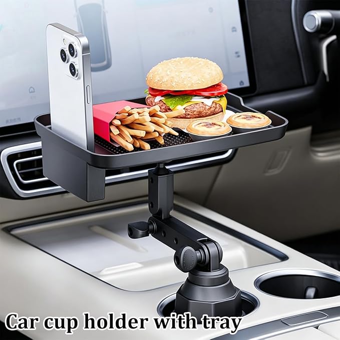 Car Cup Holder Tray, 360° Rotating 8.38" Cupholder Expander Adapter Snack Food Tray with Phone Holder, 2-in-1 Auto Interior Cup Holder Eating Table for Road Trip Travel, Universal Fit - Image 6