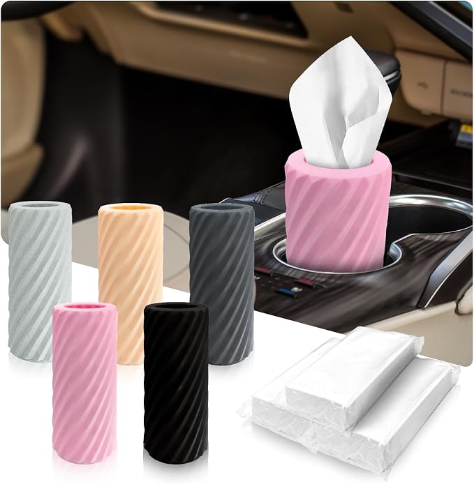 Car Cup Holder Tissue with 3 Pack Facial Tissues, Car Tissues Cylinder, Refillable Round Travel Tissue Tube for Vehicle, Office, Home Use (Pink) by Unknown