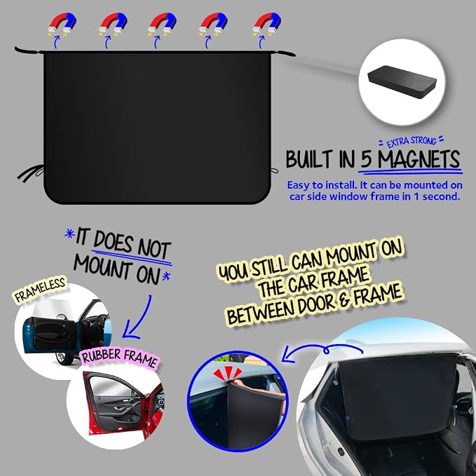 Car Side Window Sun Shade - Universal Reversible Magnetic Curtain for Baby and Kids with Sun Protection Block Damage from Direct Bright Sunlight, and Heat - 1 Piece of Solid Black - Image 2