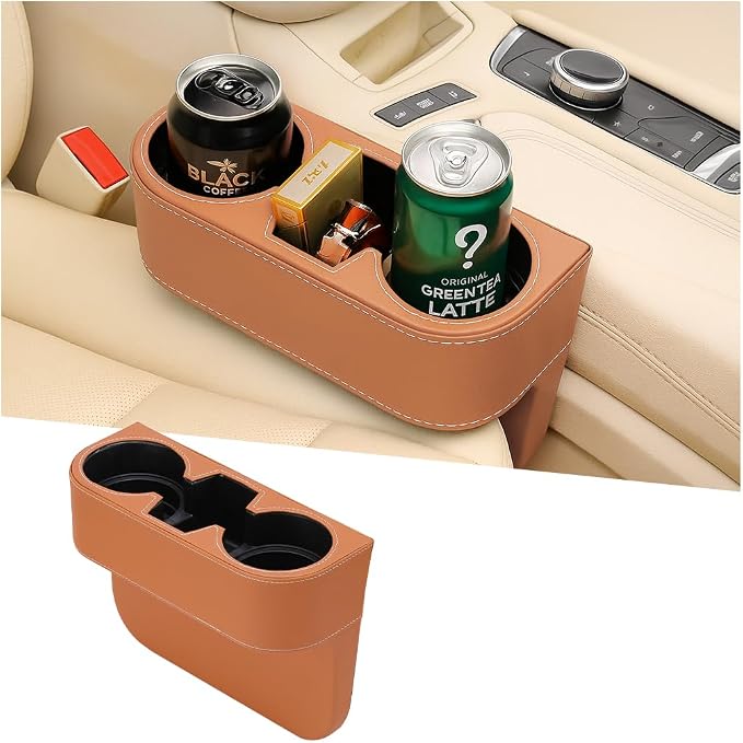 Car Seat Gap Filler Organizer with Cup Holder, Leather Multifunctional Vehicle Front Seat Crevice Storage Box Bag, Automotive Console Side Bucket Pocket, Universal Fit (Brown) by Ywdiml