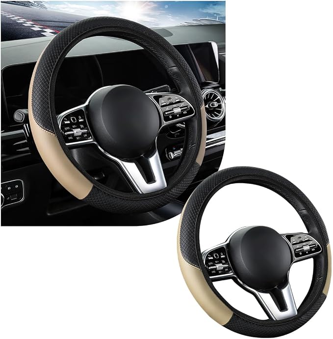 povtii Car Steering Wheel Cover, 15 Inch Leather Breathable Auto Steering Wheel Protector, Comfortable Non-Slip Vehicle Steering Wheel Covers, Universal Interior Car Accessories (Beige, AD) by povtii